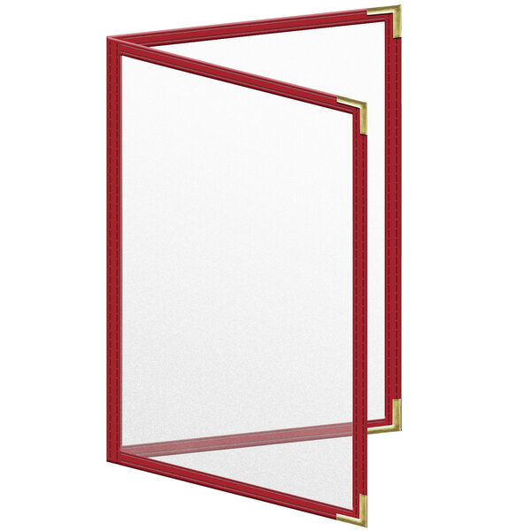 A red menu cover with a gold corner.