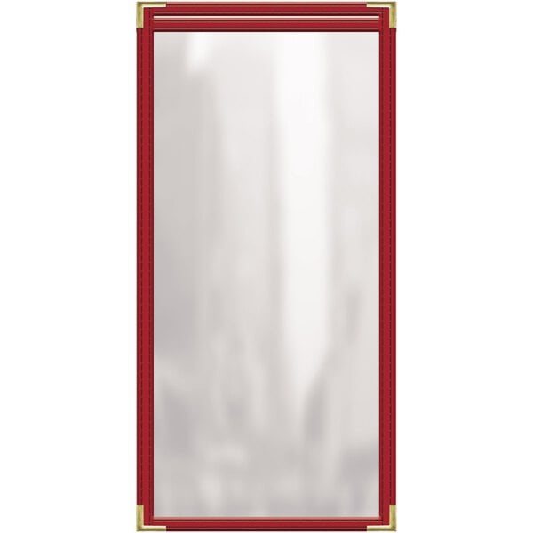 A red rectangular menu cover with white interior and gold corners.