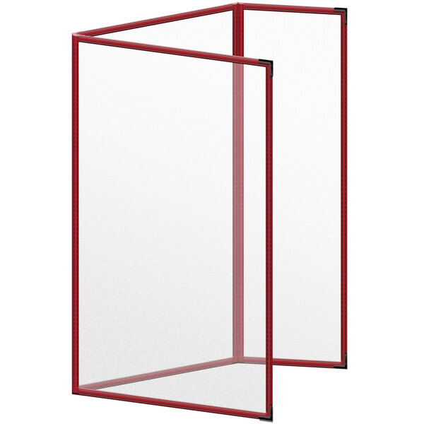 A white rectangular menu cover with a red frame and black corners.