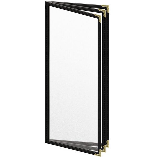 A white rectangular menu cover with black edges and gold decorative corners.