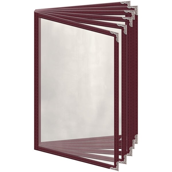 A maroon rectangular vinyl menu cover with silver decorative corners and a white border.