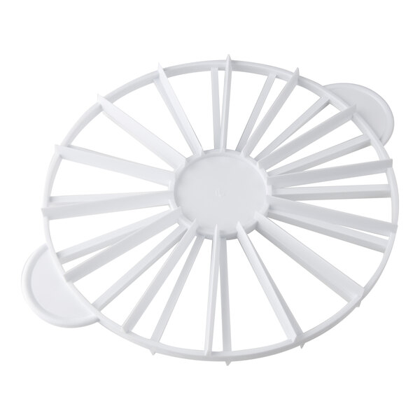A white, round plastic tool with evenly spaced radial dividers and two handles, designed for marking cakes into equal slices.