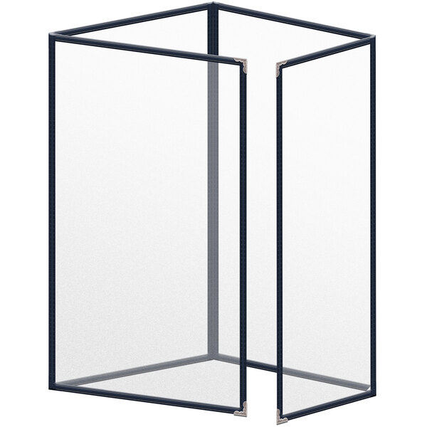 A white rectangular vinyl menu cover with black and silver decorative corners.