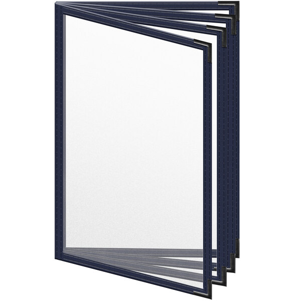 A stack of three blue H. Risch, Inc. TEDD menu covers with black smooth corners.