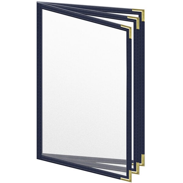 A stack of blue H. Risch, Inc. TETB Deluxe sewn vinyl menu covers.