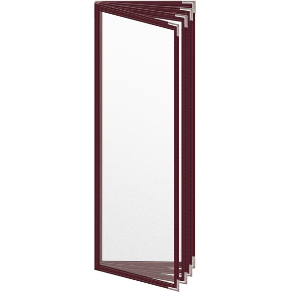 A maroon menu cover with silver corners and a matte finish.