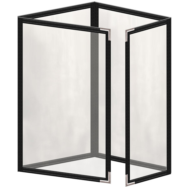 A black vinyl menu cover with a glass door and silver corners.