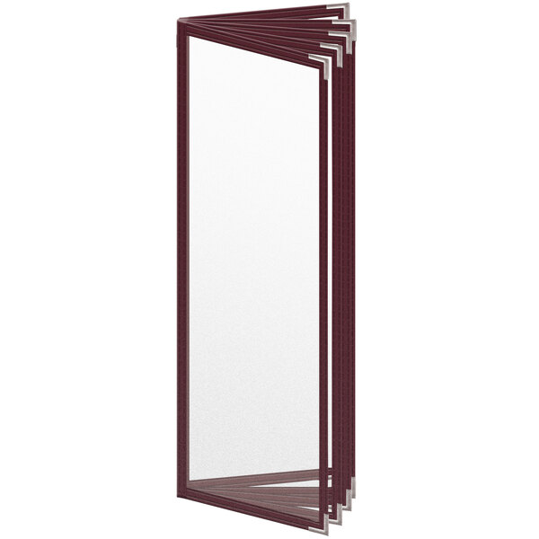 A maroon vinyl menu cover with a white background and red border.