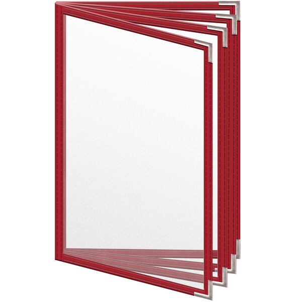 A group of red H. Risch, Inc. TEDD menu covers with silver corners on white background.