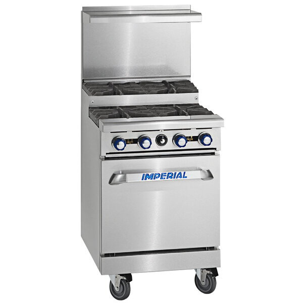 An Imperial Range stainless steel gas range with 6 burners and a convection oven.