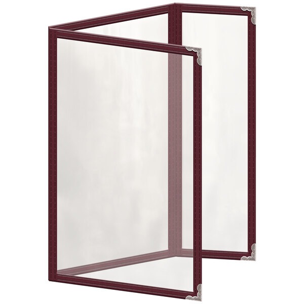 A maroon menu cover with silver decorative corners and a glossy finish.