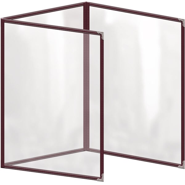 A maroon vinyl menu cover with silver decorative corners and a glossy finish.
