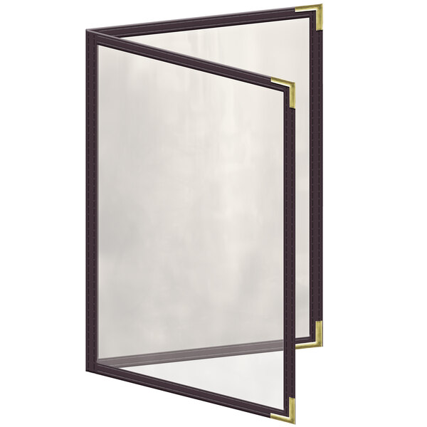 A rectangular brown menu cover with gold smooth corners.