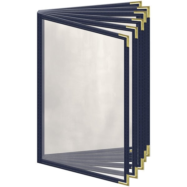 A blue H. Risch, Inc. menu cover with gold corners and trim.