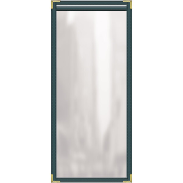 A rectangular green vinyl menu cover with gold smooth corners and a gloss finish.