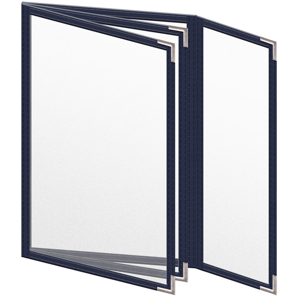 A H. Risch, Inc. blue vinyl menu cover open to two pages.