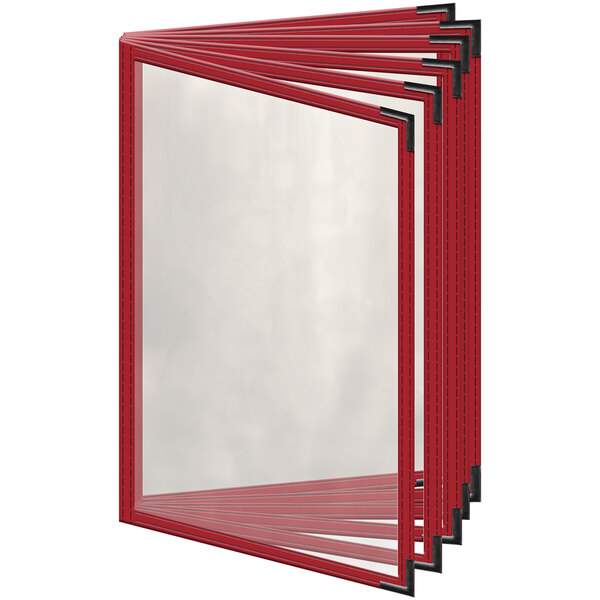 A red vinyl menu cover with black smooth corners and 12 views.