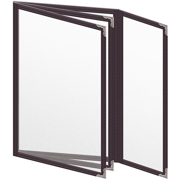 A group of brown H. Risch, Inc. menu covers with silver corners and a matte finish.