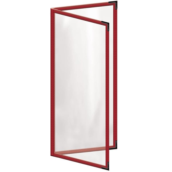 A red rectangular menu cover with black smooth corners and a gloss finish.
