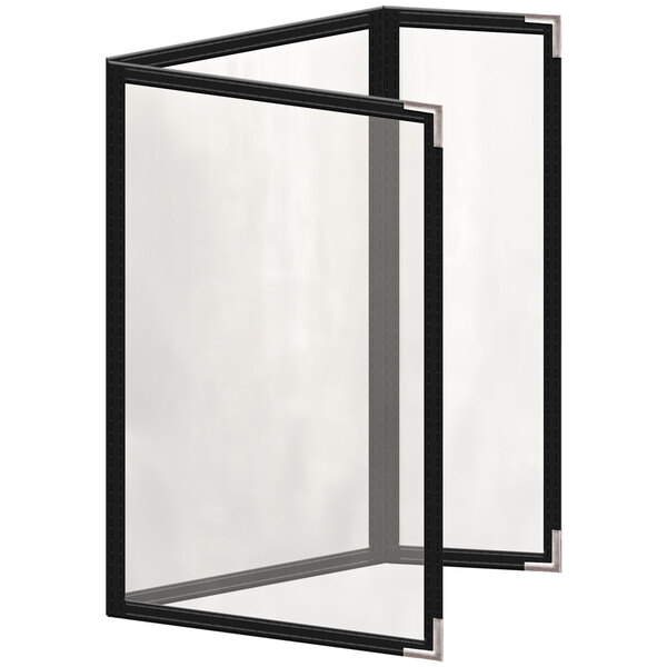 A black rectangular menu cover with black lines and silver corners.