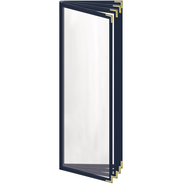 A rectangular blue and white menu cover with gold corners and trim.