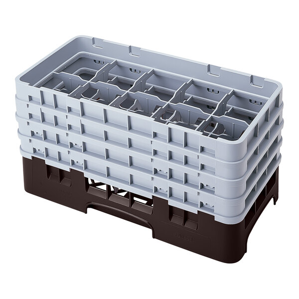 A brown and gray plastic glass rack with 10 compartments and four extenders.