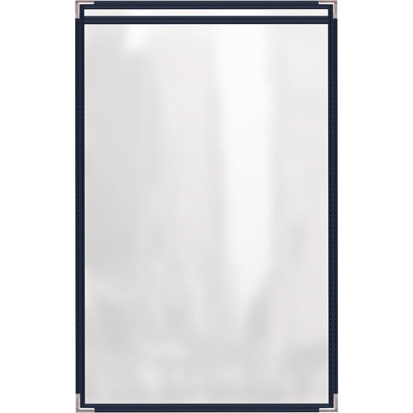 A white rectangular menu cover with a blue border and strap.