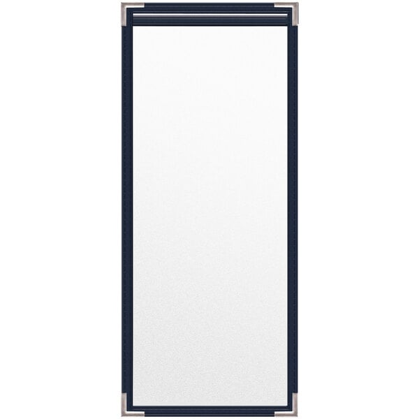 A rectangular white board with a blue frame.