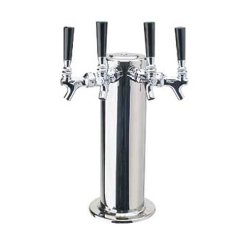 A Micro Matic polished stainless steel beer tap with four black handles.