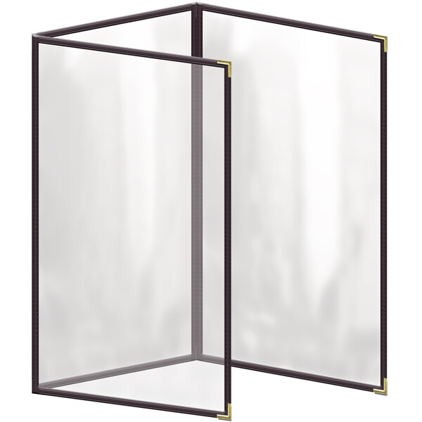 A brown vinyl menu cover with gold smooth corners and a black frame.