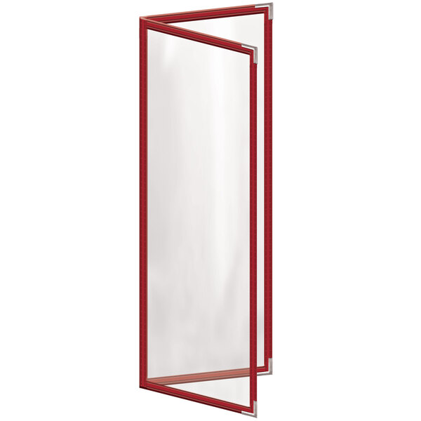 A red rectangular menu cover with a white border and silver corners.