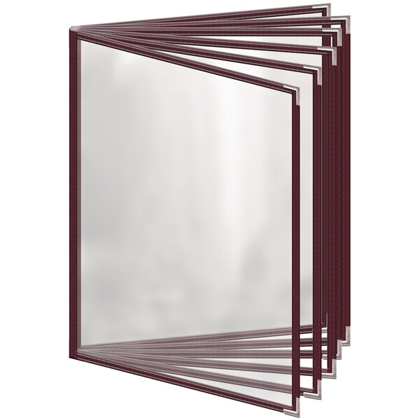 A stack of maroon rectangular menu covers with silver corners and a gloss finish.