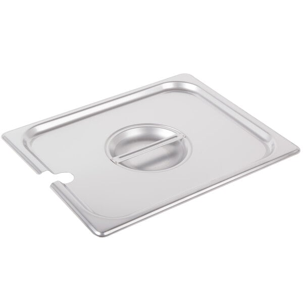 A Choice stainless steel slotted steam table pan cover on a stainless steel pan.