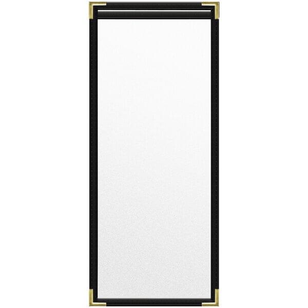 A white rectangular object with black and gold trim.