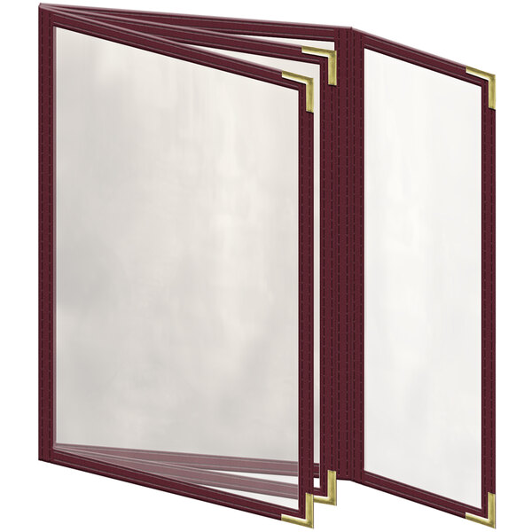 A maroon vinyl menu cover with gold smooth corners and a gloss finish with two clear pockets.