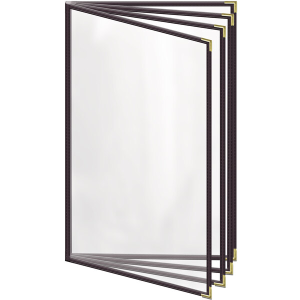 A group of H. Risch, Inc. brown menu covers with gold corners and black frames.