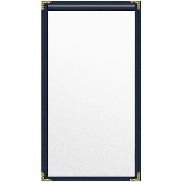 A rectangular blue vinyl menu cover with gold corners and a matte finish.