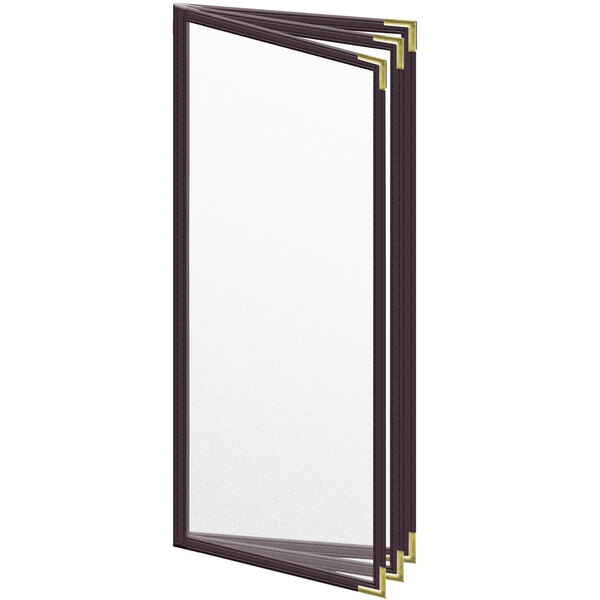 A white rectangular menu cover with a black border and gold corners.