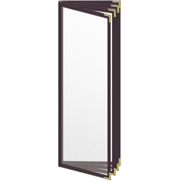 A rectangular brown menu cover with gold corners.