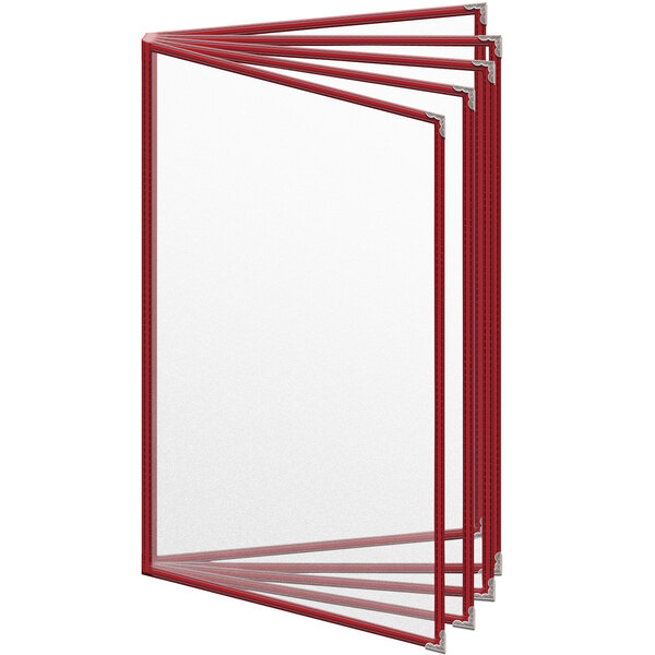 A red H. Risch, Inc. vinyl menu cover with silver corners and a matte finish with ten clear views.
