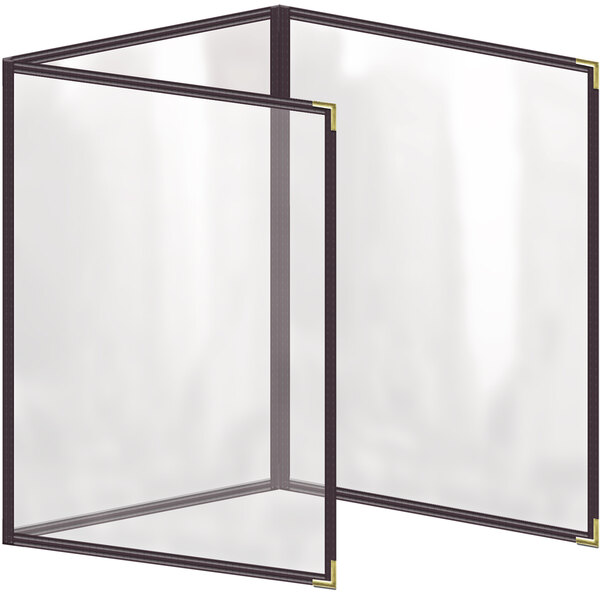 A brown vinyl menu cover with gold corners and a gloss finish.