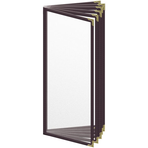 A rectangular brown vinyl menu cover with gold decorative corners and a matte finish with 12 views.