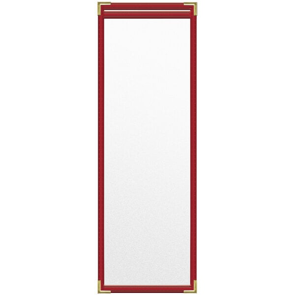 A rectangular menu cover with red and gold trim.