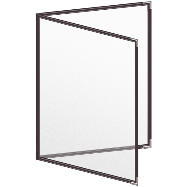 A brown menu cover with silver corners and a matte finish with a glass panel.