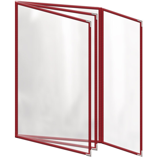 A red vinyl menu cover with silver corners and a white background with clear panels.