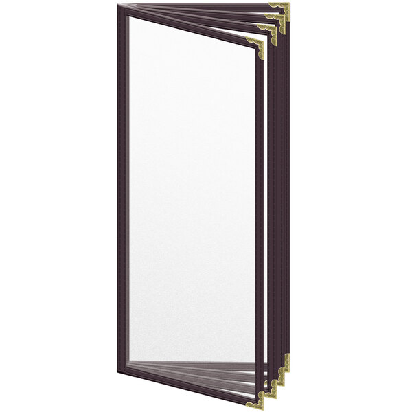 A brown menu cover with gold decorative corners.