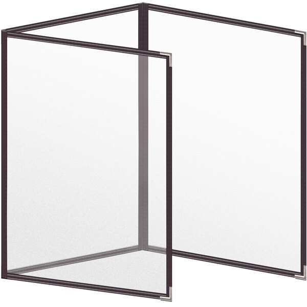 A brown rectangular menu cover with black corners and black lines.