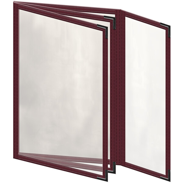A maroon vinyl menu cover with clear plastic windows and black smooth corners.