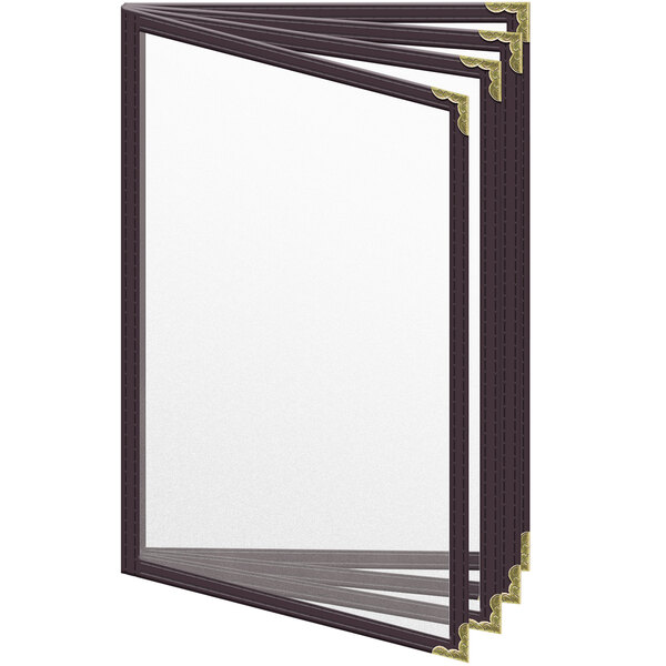 A brown menu cover with 8 windows and gold decorative corners.