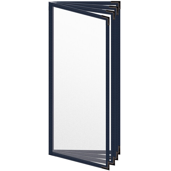 A close-up of a white rectangular H. Risch, Inc. menu cover with black smooth corners.